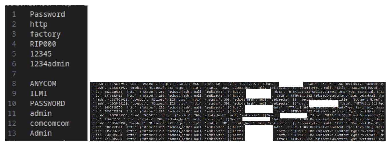 Password list alongside a log of multiple login attempts to RDWeb-enabled servers